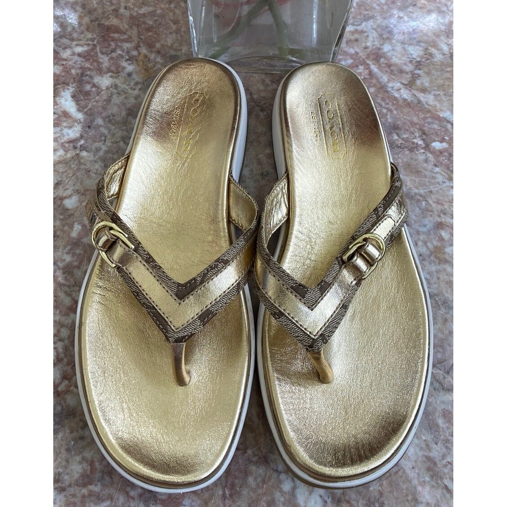 New Coach Lyndsey Women's Khaki/Gold Leather Canvas Thong Sandals Size‎ 7M, $200